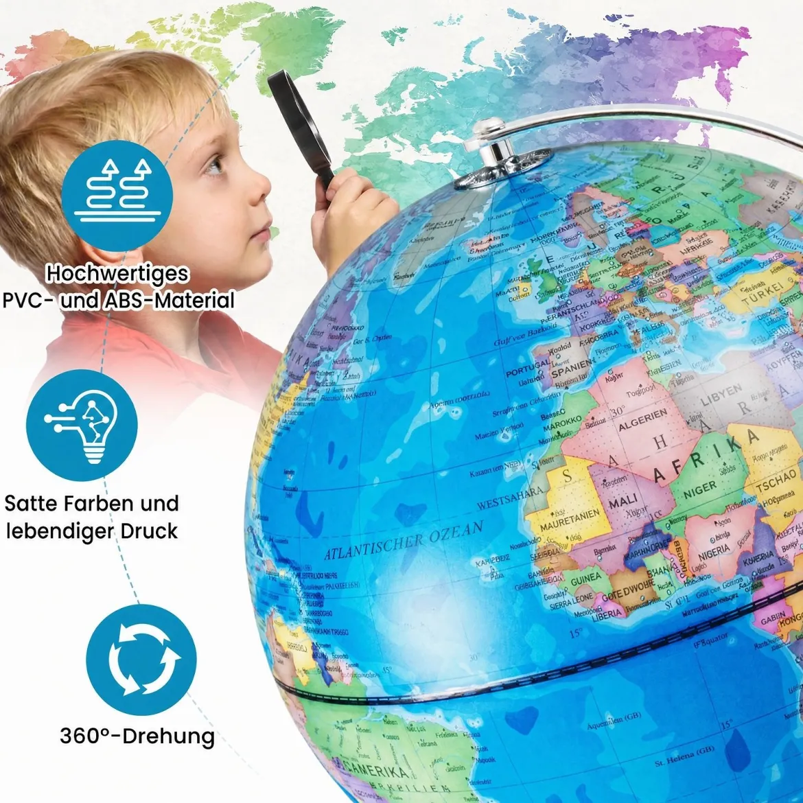 Ø 23 cm Leuchtglobus mit Metallsockel & Licht & Deutsche Geografische Karte & Sternbildkarte