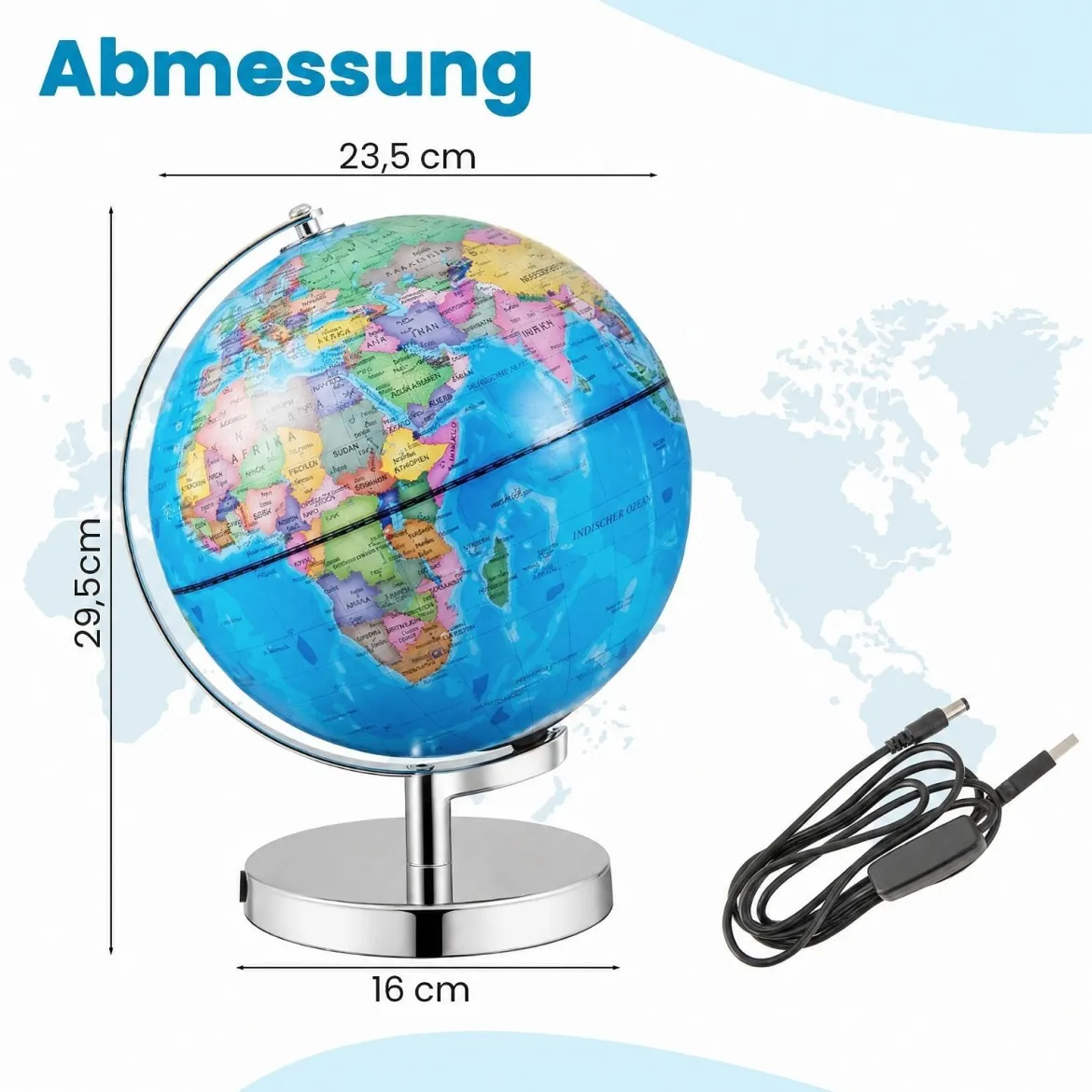 Ø 23 cm Leuchtglobus mit Metallsockel & Licht & Deutsche Geografische Karte & Sternbildkarte