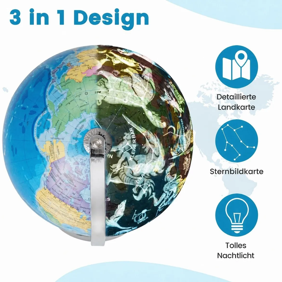Ø 23 cm Leuchtglobus mit Metallsockel & Licht & Deutsche Geografische Karte & Sternbildkarte