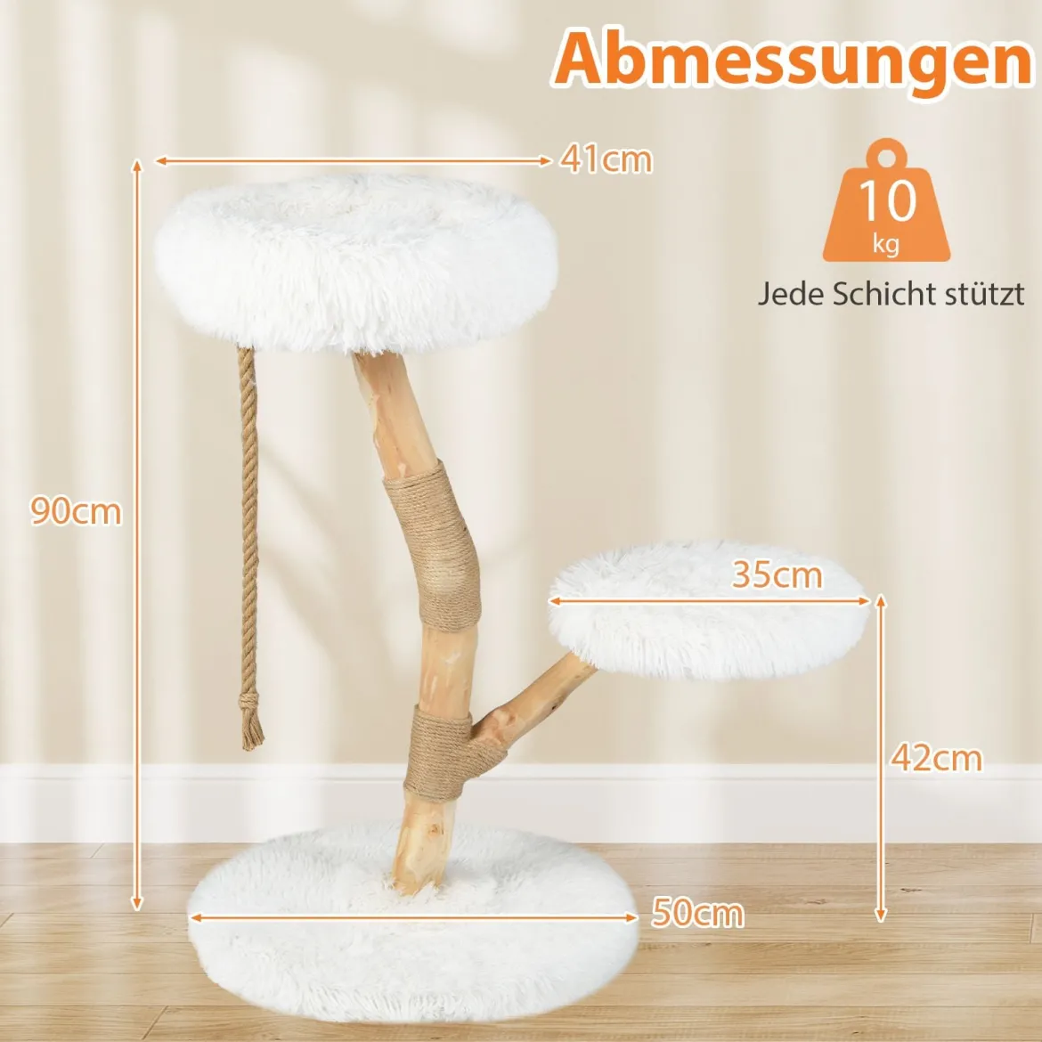 90 cm Massivholz Kratzbaum mit 3 Plüschsitzflächen Seil & Kratzpfosten Katzenbaum Katzenturm Weiß