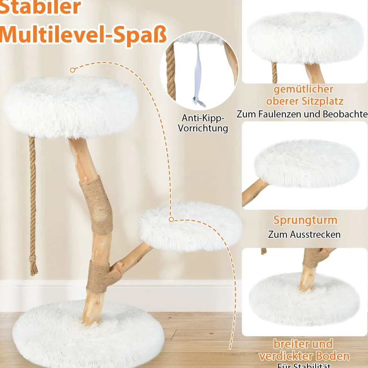 90 cm Massivholz Kratzbaum mit 3 Plüschsitzflächen Seil & Kratzpfosten Katzenbaum Katzenturm Weiß