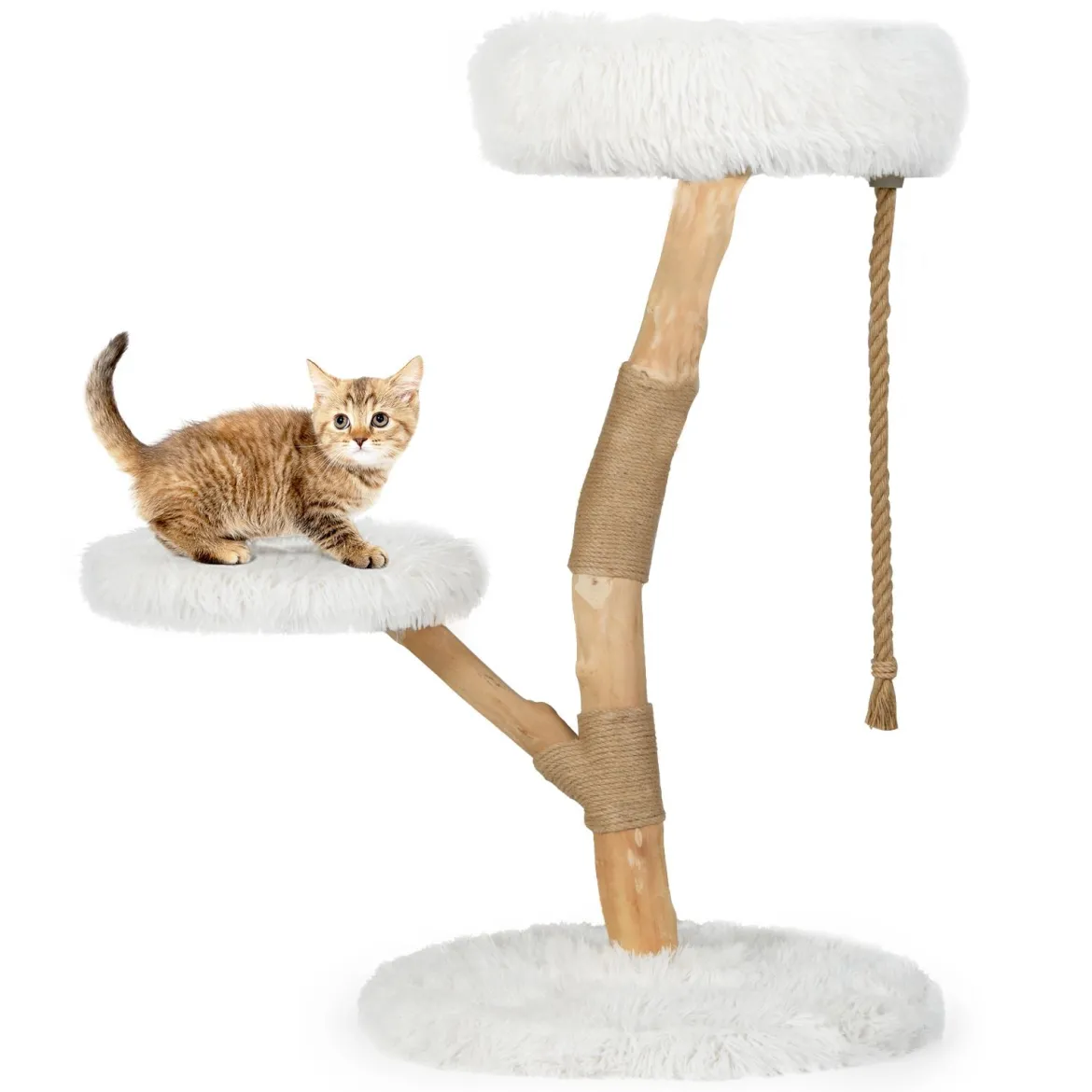 90 cm Massivholz Kratzbaum mit 3 Plüschsitzflächen Seil & Kratzpfosten Katzenbaum Katzenturm Weiß