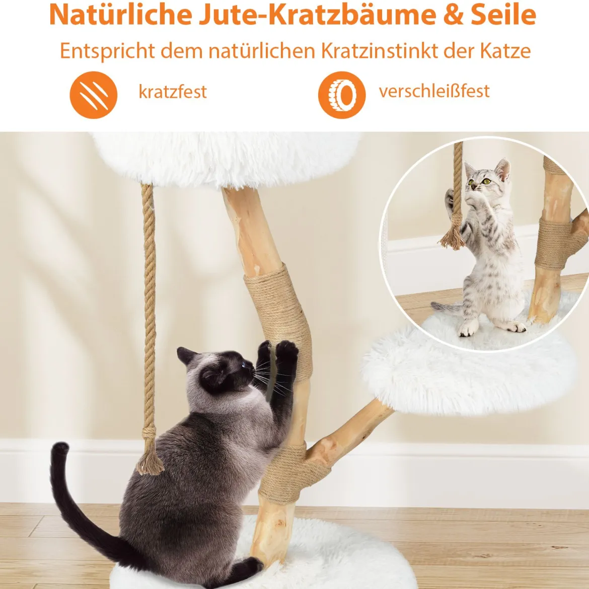 90 cm Massivholz Kratzbaum mit 3 Plüschsitzflächen Seil & Kratzpfosten Katzenbaum Katzenturm Weiß