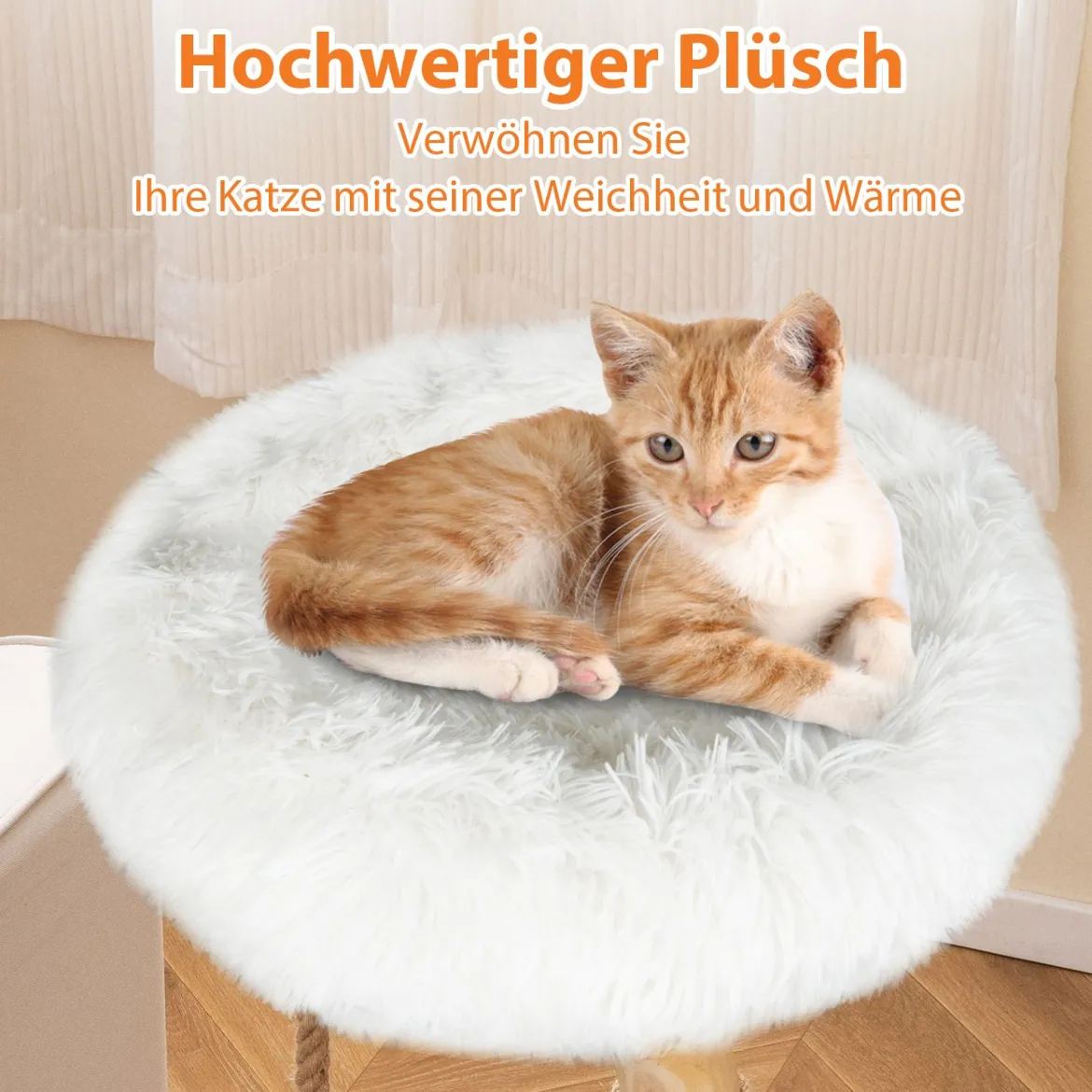90 cm Massivholz Kratzbaum mit 3 Plüschsitzflächen Seil & Kratzpfosten Katzenbaum Katzenturm Weiß