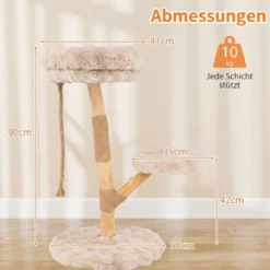 90 cm Massivholz Kratzbaum mit 3 Plüschsitzflächen Seil & Kratzpfosten Katzenbaum Katzenturm Beige