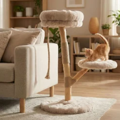 90 cm Massivholz Kratzbaum mit 3 Plüschsitzflächen Seil & Kratzpfosten Katzenbaum Katzenturm Beige