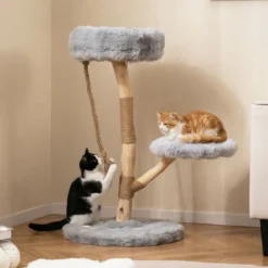 90 cm Massivholz Kratzbaum mit 3 Plüschsitzflächen Seil & Kratzpfosten Katzenbaum Katzenturm Grau