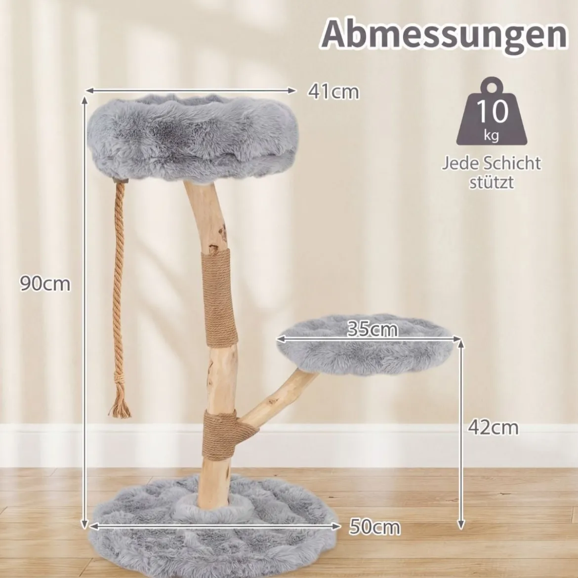 90 cm Massivholz Kratzbaum mit 3 Plüschsitzflächen Seil & Kratzpfosten Katzenbaum Katzenturm Grau