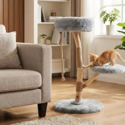 90 cm Massivholz Kratzbaum mit 3 Plüschsitzflächen Seil & Kratzpfosten Katzenbaum Katzenturm Grau