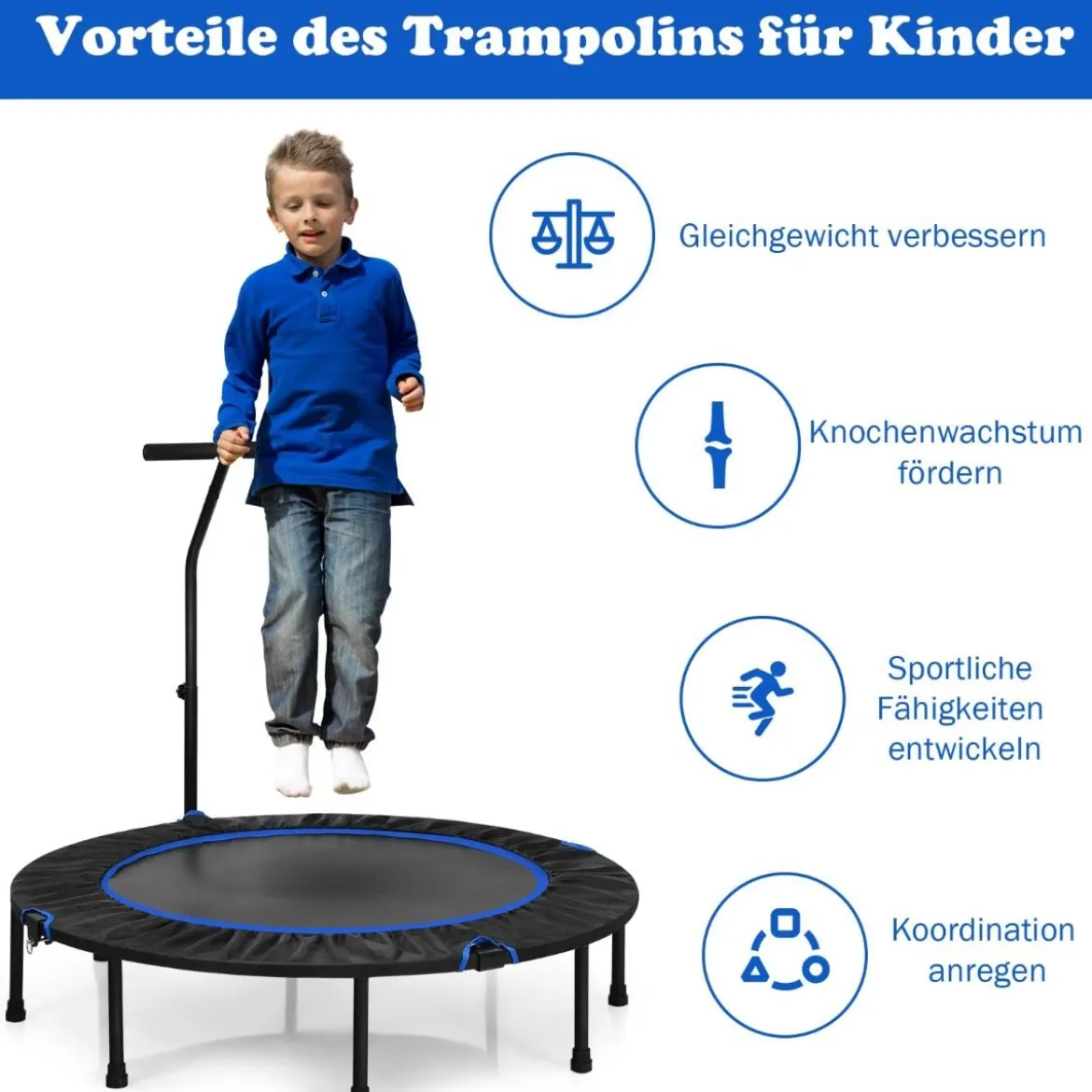 Ø 120 cm Mini Trampolin faltbar mit höhenverstellbarem Griff Blau + Schwarz