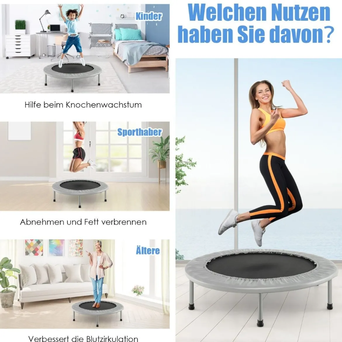 φ97cm Mini Trampolin Fitness Trampolin faltbar Kindertrampolin bis 150kg belastbar Grau