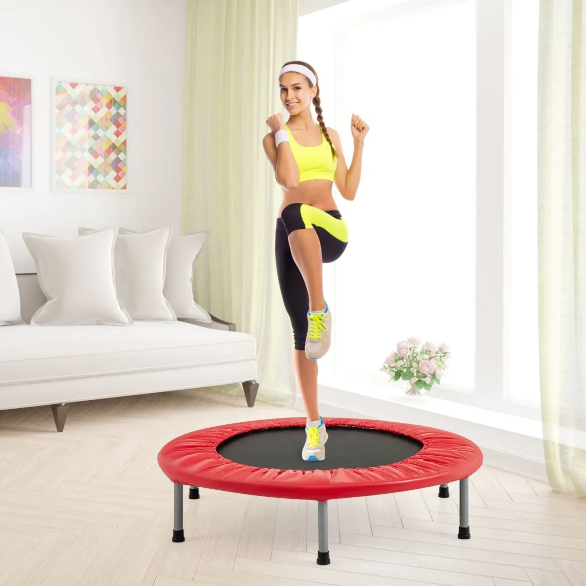 φ97cm Mini Trampolin Fitness Trampolin Faltbar Kindertrampolin bis 150kg Belastbar Rot