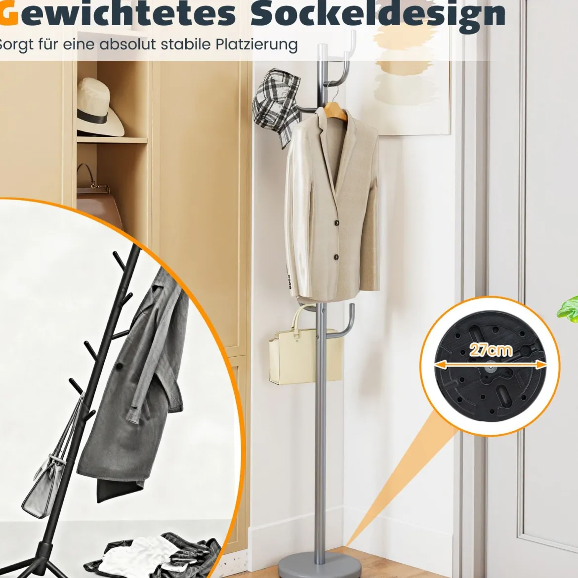 175 cm Moderner Garderobenständer 8-Haken Kaktus-Kleiderständer mit Gewichtsbasis & gebogenen Enden Silber