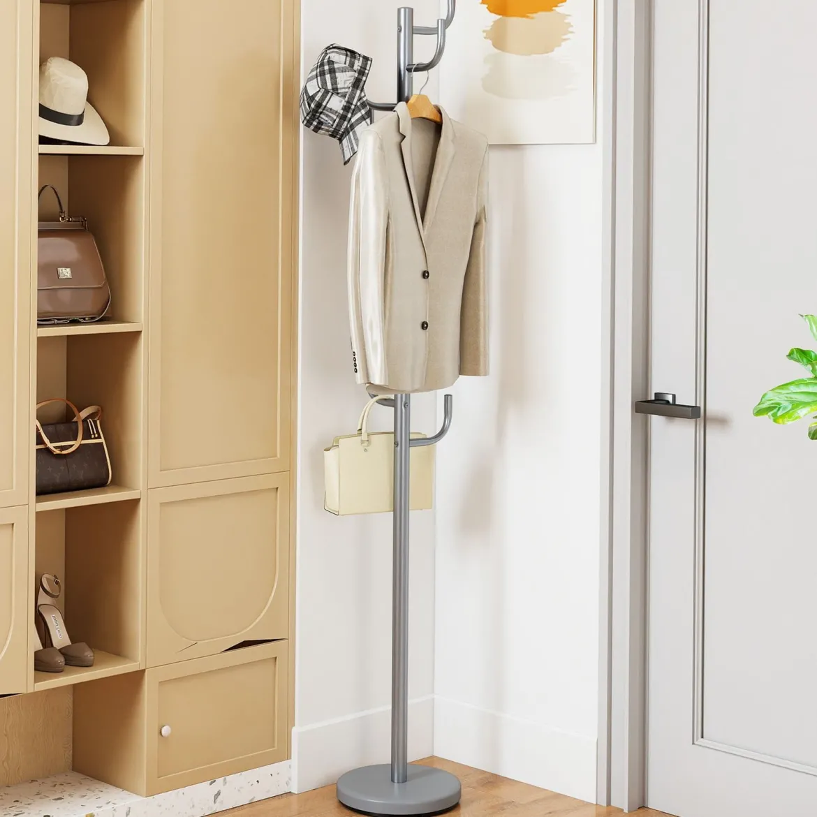 175 cm Moderner Garderobenständer 8-Haken Kaktus-Kleiderständer mit Gewichtsbasis & gebogenen Enden Silber