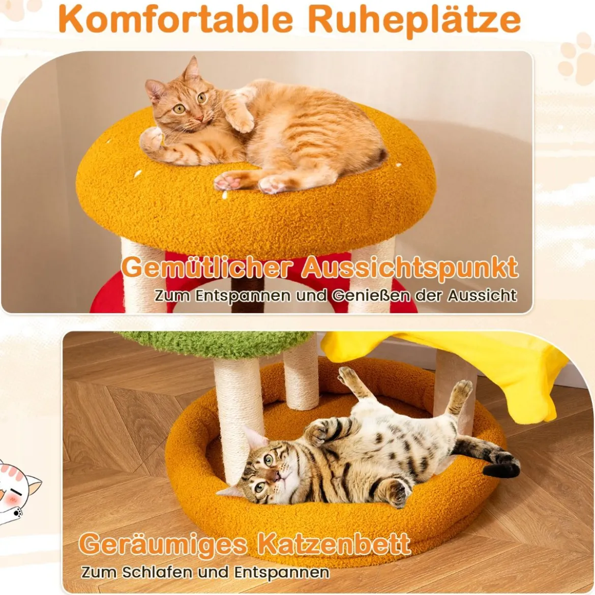 106 cm moderner Kratzbaum mehrstöckiger Kletterbaum mit gepolsterter Aussichtsplattform geräumigem Bett Orange