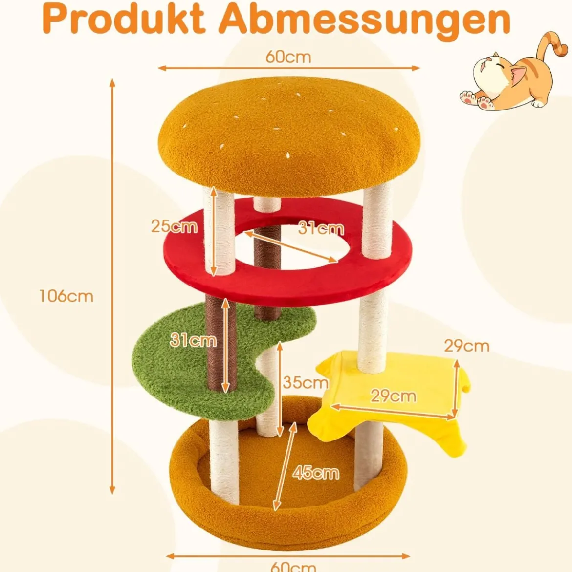 106 cm moderner Kratzbaum mehrstöckiger Kletterbaum mit gepolsterter Aussichtsplattform geräumigem Bett Orange