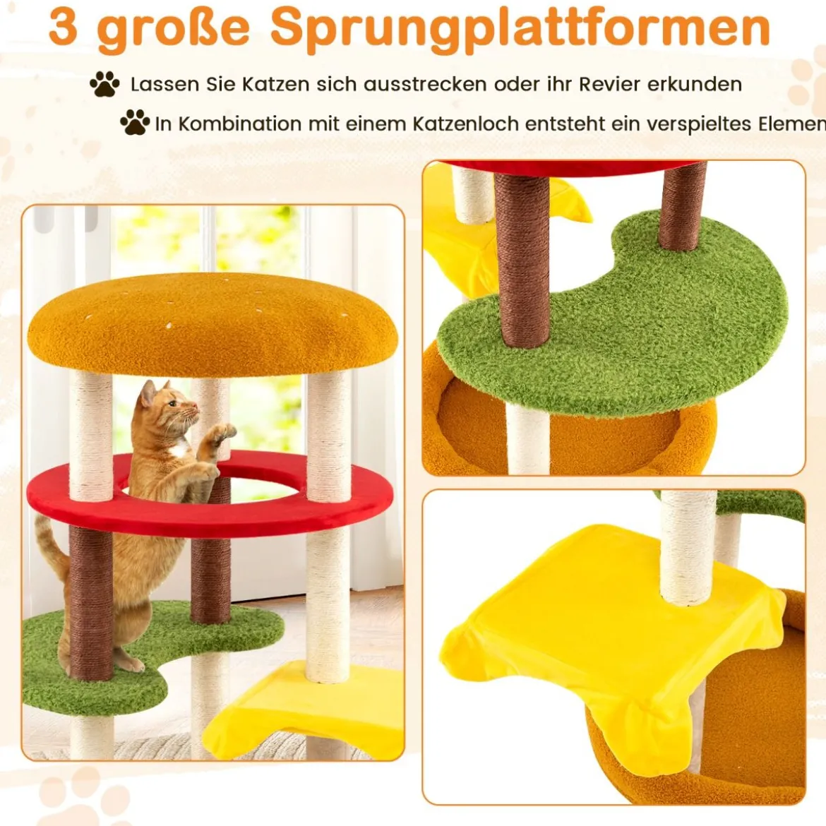 106 cm moderner Kratzbaum mehrstöckiger Kletterbaum mit gepolsterter Aussichtsplattform geräumigem Bett Orange