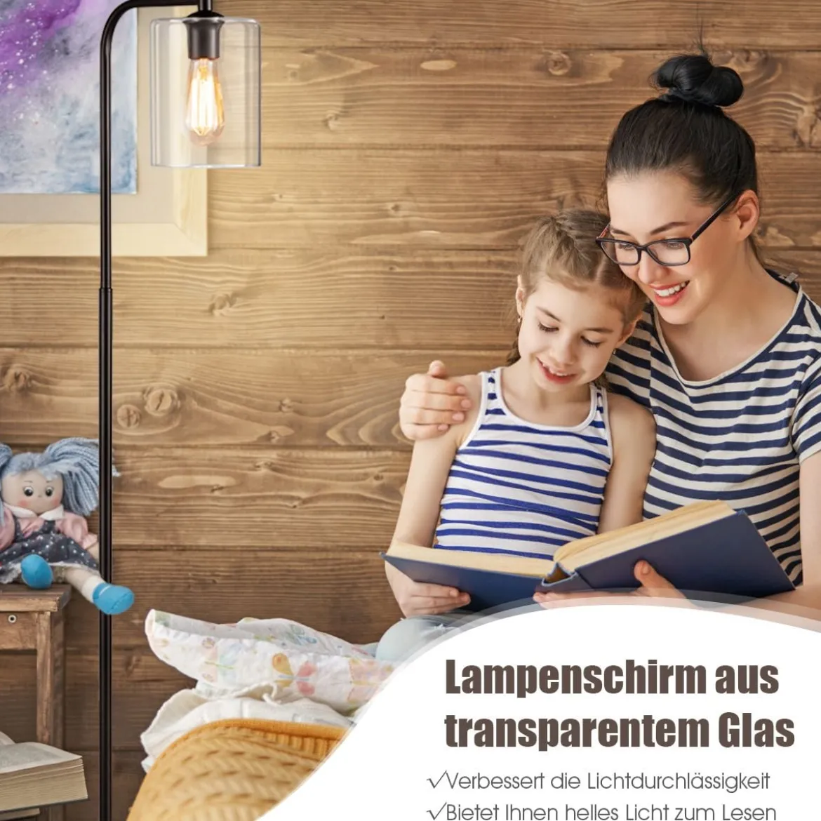 168 cm Modern Stehlampe mit Fußschalter & E27-Glühlampensockel & Glaslampenschirm Schwarz
