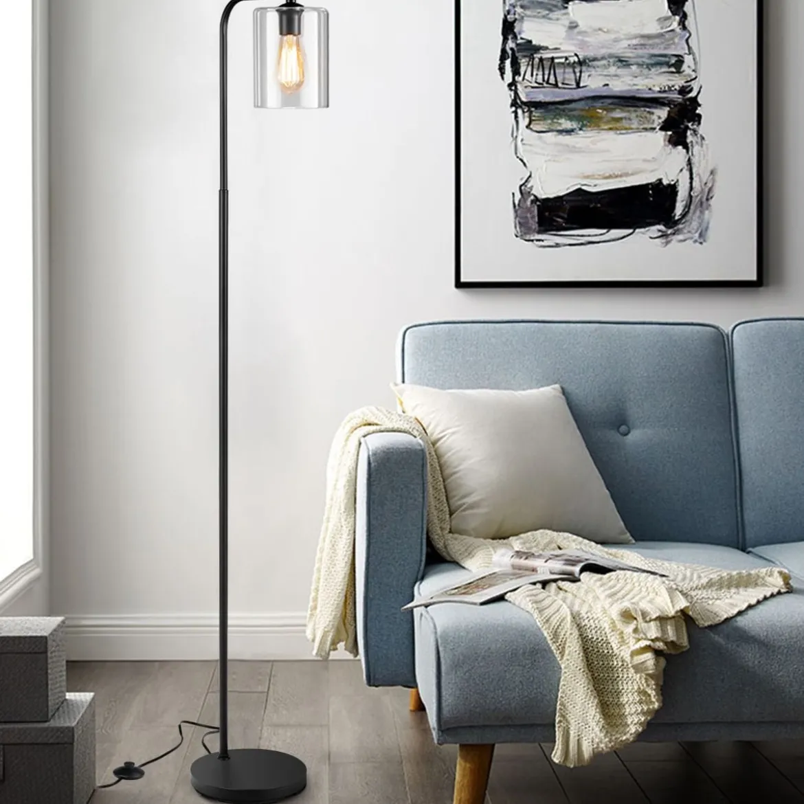 168 cm Modern Stehlampe mit Fußschalter & E27-Glühlampensockel & Glaslampenschirm Schwarz