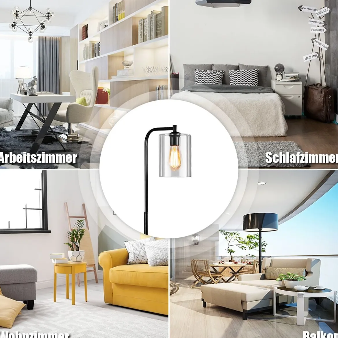 168 cm Modern Stehlampe mit Fußschalter & E27-Glühlampensockel & Glaslampenschirm Schwarz