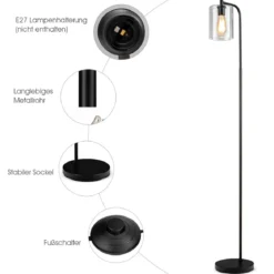 168 cm Modern Stehlampe mit Fußschalter & E27-Glühlampensockel & Glaslampenschirm Schwarz