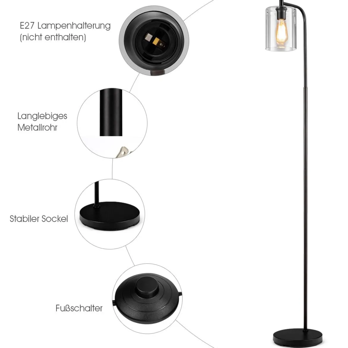 168 cm Modern Stehlampe mit Fußschalter & E27-Glühlampensockel & Glaslampenschirm Schwarz
