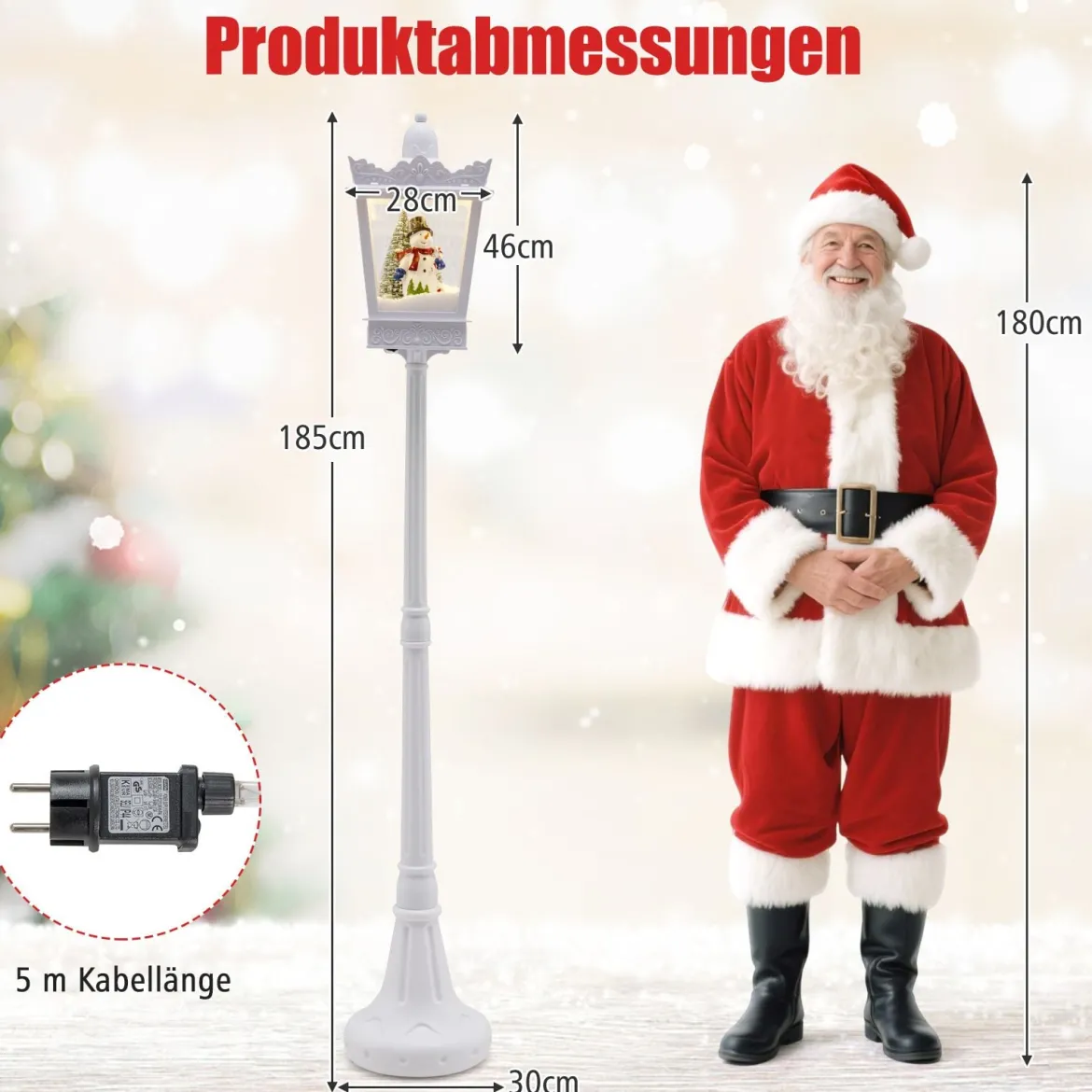 185 cm Musikalische Weihnachts-Straßenlaterne Straßenlampe mit warmweißen LED-Leuchten Schneeeffekten Weiß