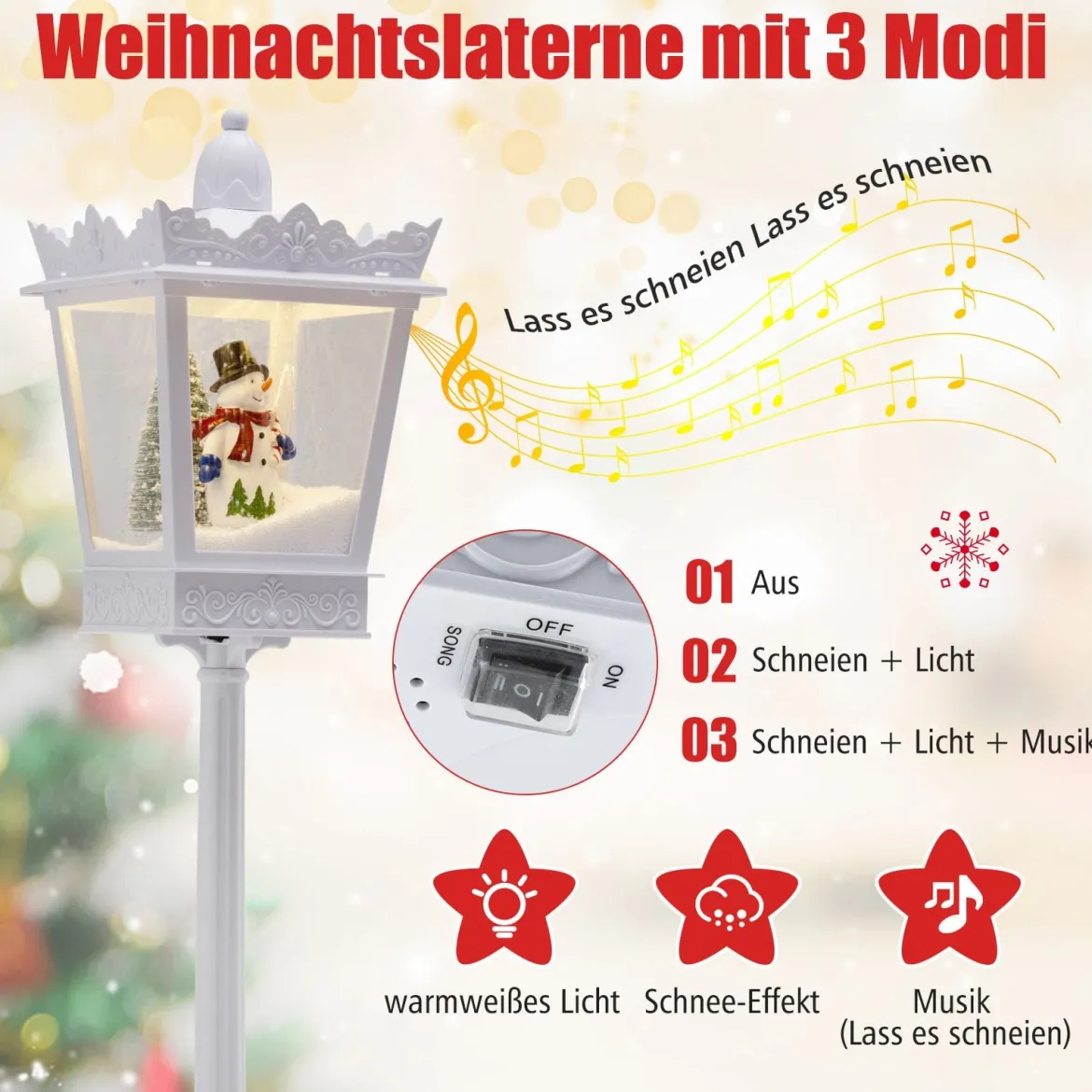185 cm Musikalische Weihnachts-Straßenlaterne Straßenlampe mit warmweißen LED-Leuchten Schneeeffekten Weiß