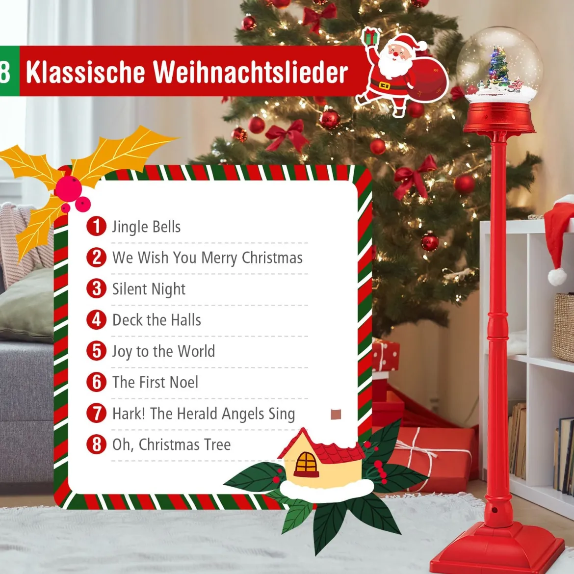 153 cm musikalische Weihnachts-Straßenlaterne Schneekugel-Laterne auf Ständer mit 8 Melodien Weihnachtsbaum Rot