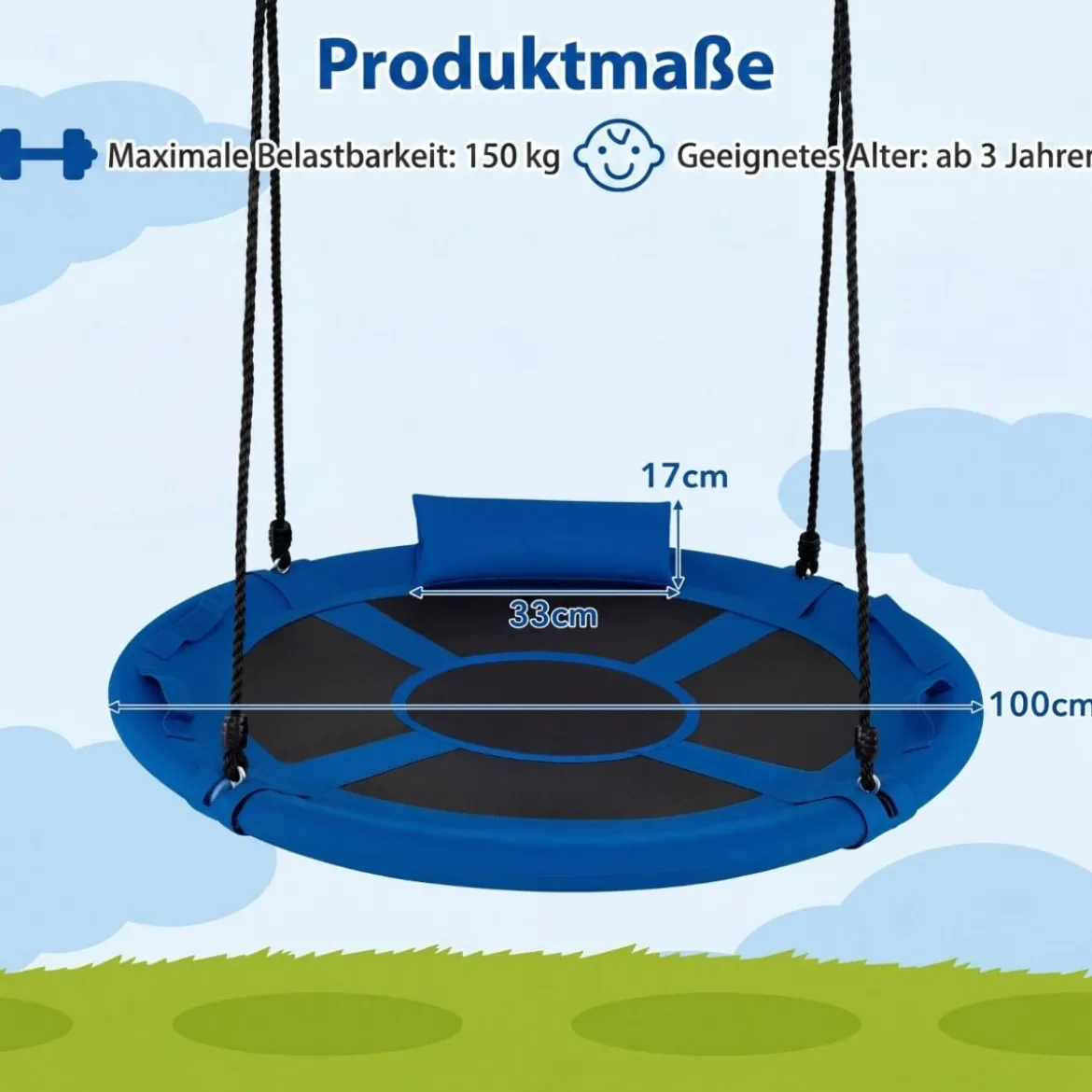 Ø100 cm Nestschaukel mit Kissen & Griffe Kinderschaukel mit 100-180 cm Höhenverstellbarem Seil Blau