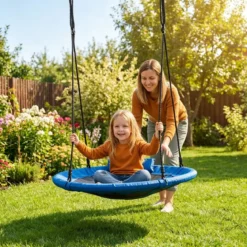 Ø100 cm Nestschaukel mit Kissen & Griffe Kinderschaukel mit 100-180 cm Höhenverstellbarem Seil Blau