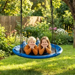 Ø100 cm Nestschaukel mit Kissen & Griffe Kinderschaukel mit 100-180 cm Höhenverstellbarem Seil Blau