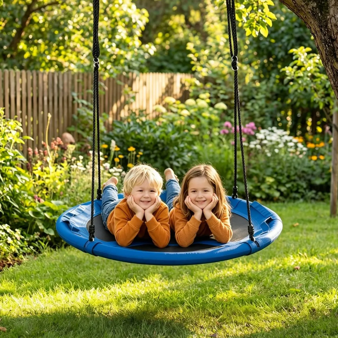 Ø100 cm Nestschaukel mit Kissen & Griffe Kinderschaukel mit 100-180 cm Höhenverstellbarem Seil Blau