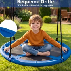 Ø100 cm Nestschaukel mit Kissen & Griffe Kinderschaukel mit 100-180 cm Höhenverstellbarem Seil Blau