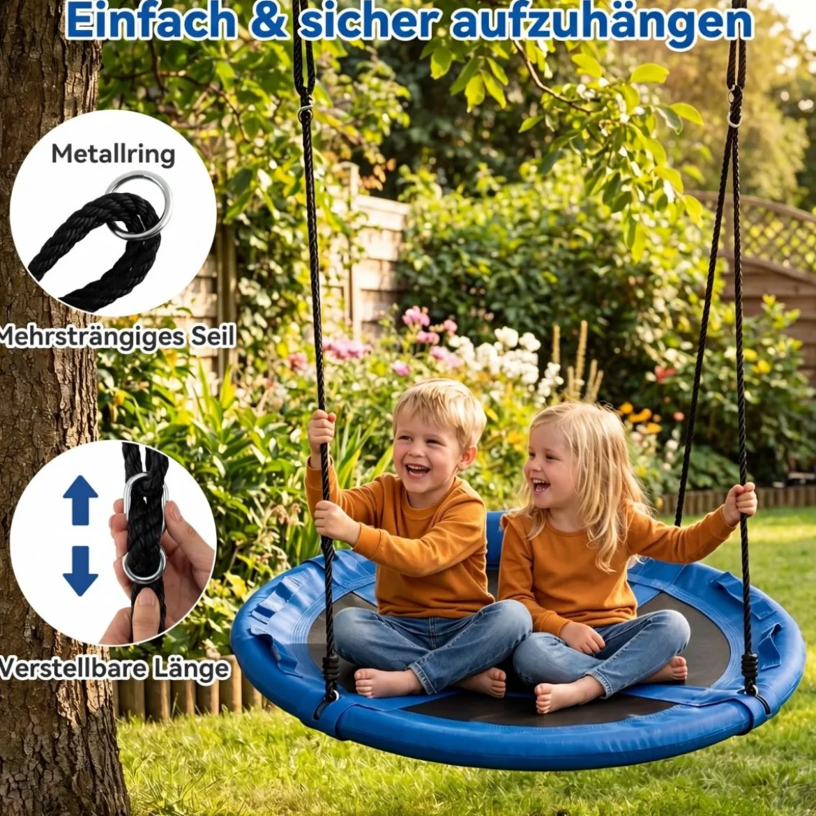 Ø100 cm Nestschaukel mit Kissen & Griffe Kinderschaukel mit 100-180 cm Höhenverstellbarem Seil Blau