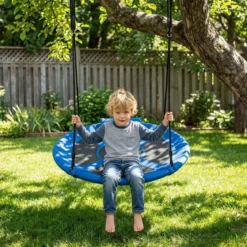 Ø100 cm Nestschaukel mit Kissen & Griffe Kinderschaukel mit 100-180 cm Höhenverstellbarem Seil Blau