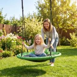 Ø100 cm Nestschaukel mit Kissen & Griffe Kinderschaukel mit 100-180 cm Höhenverstellbarem Seil Grün