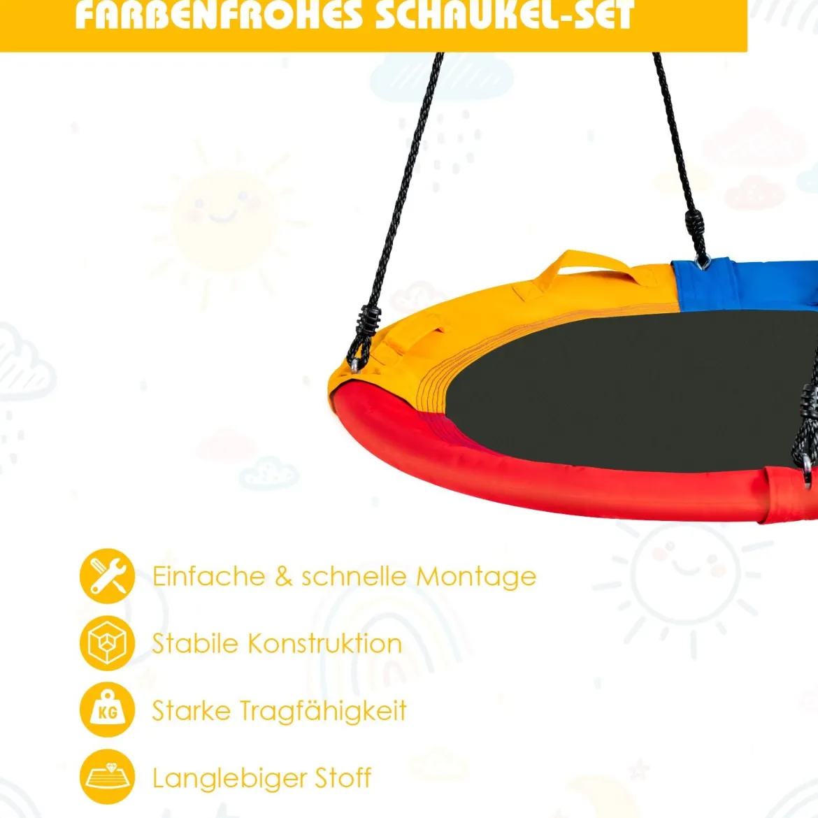 Ø100 cm Nestschaukel mit Kissen & Griffe Kinderschaukel mit 100-180 cm Höhenverstellbarem Seil Bunt