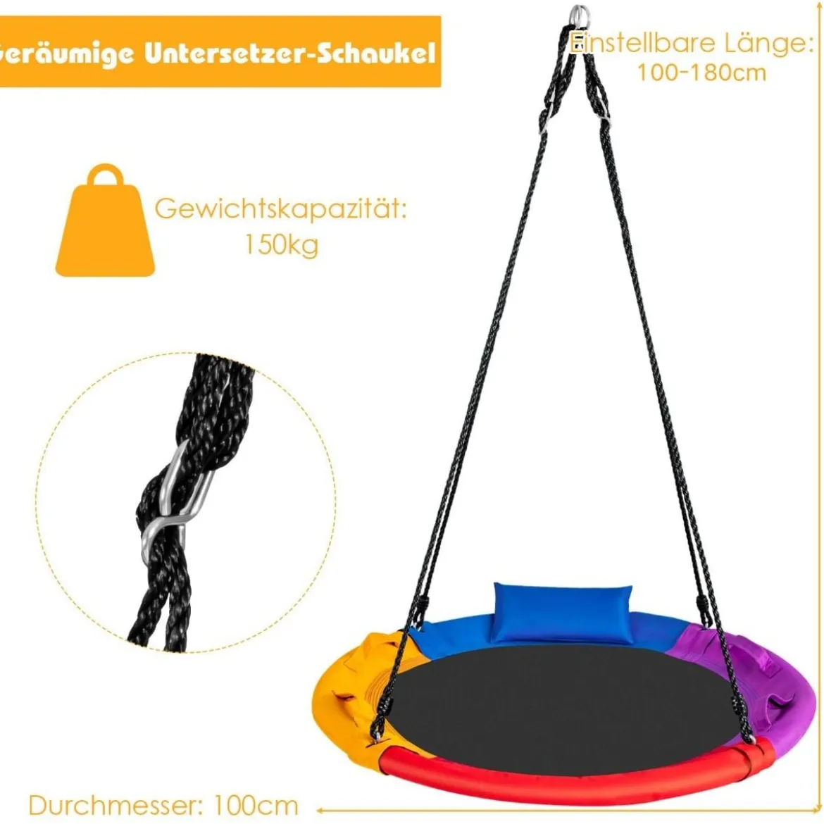 Ø100 cm Nestschaukel mit Kissen & Griffe Kinderschaukel mit 100-180 cm Höhenverstellbarem Seil Bunt