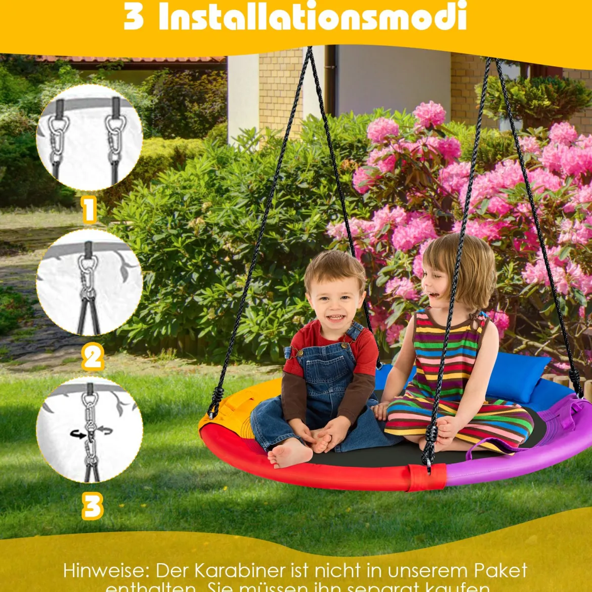 Ø100 cm Nestschaukel mit Kissen & Griffe Kinderschaukel mit 100-180 cm Höhenverstellbarem Seil Bunt