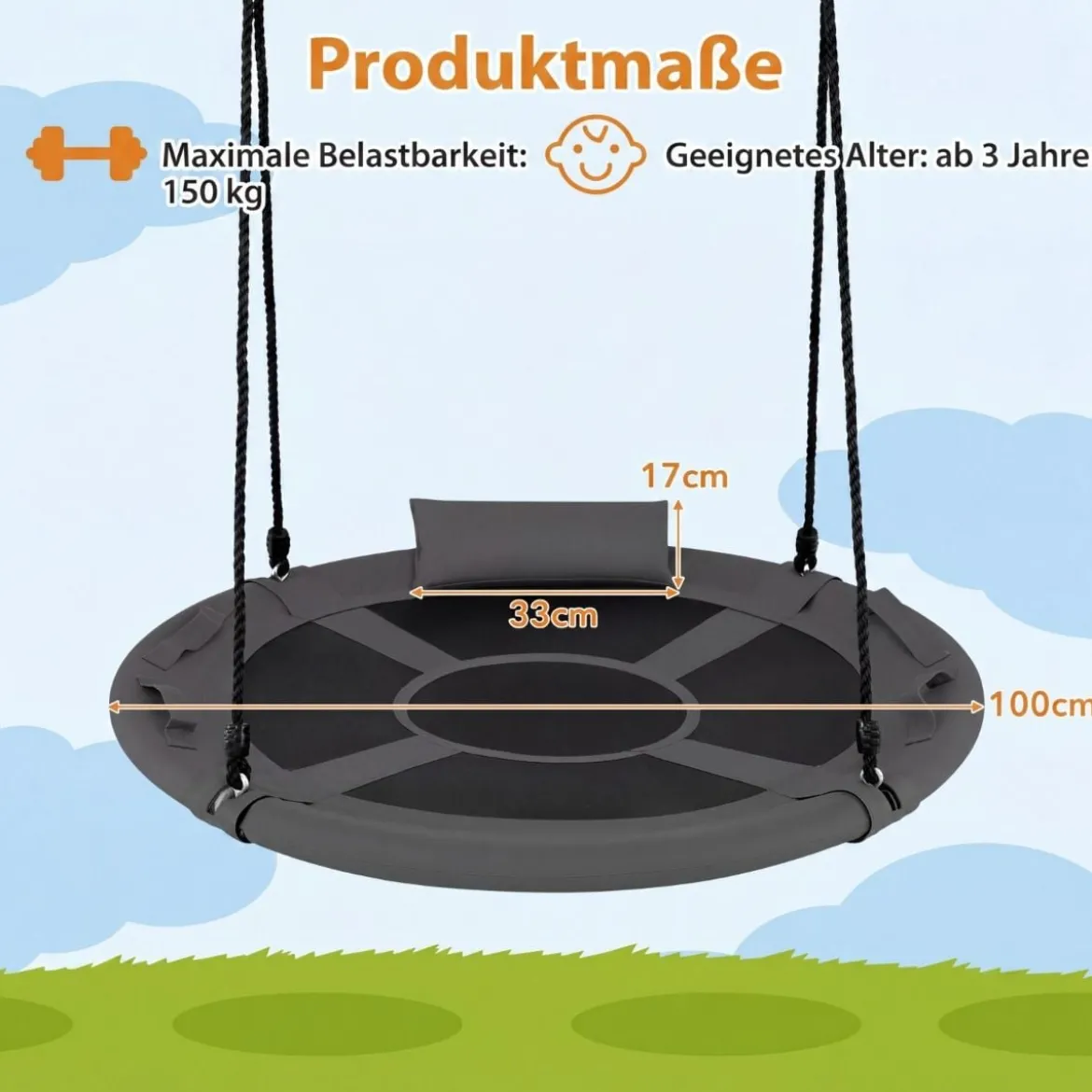 Ø100 cm Nestschaukel mit Kissen & Griffe Kinderschaukel mit 100-180 cm Höhenverstellbarem Seil Grau