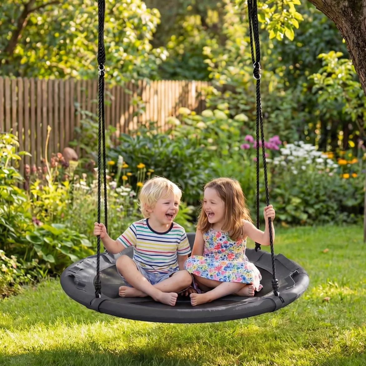 Ø100 cm Nestschaukel mit Kissen & Griffe Kinderschaukel mit 100-180 cm Höhenverstellbarem Seil Grau