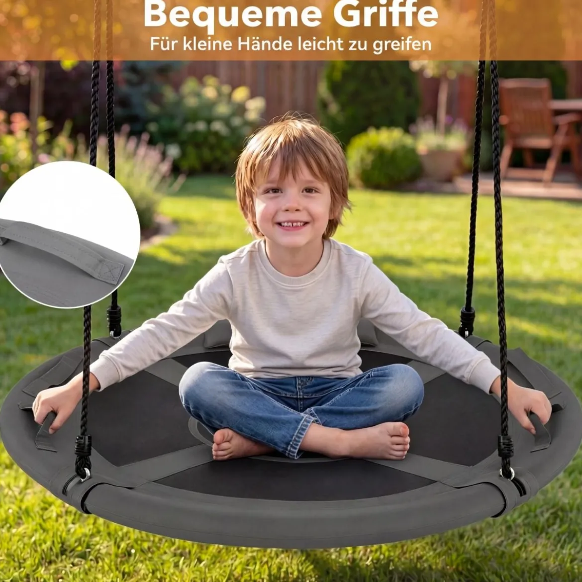 Ø100 cm Nestschaukel mit Kissen & Griffe Kinderschaukel mit 100-180 cm Höhenverstellbarem Seil Grau