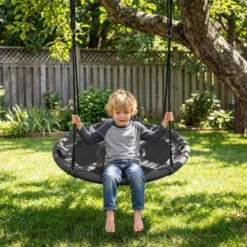 Ø100 cm Nestschaukel mit Kissen & Griffe Kinderschaukel mit 100-180 cm Höhenverstellbarem Seil Grau