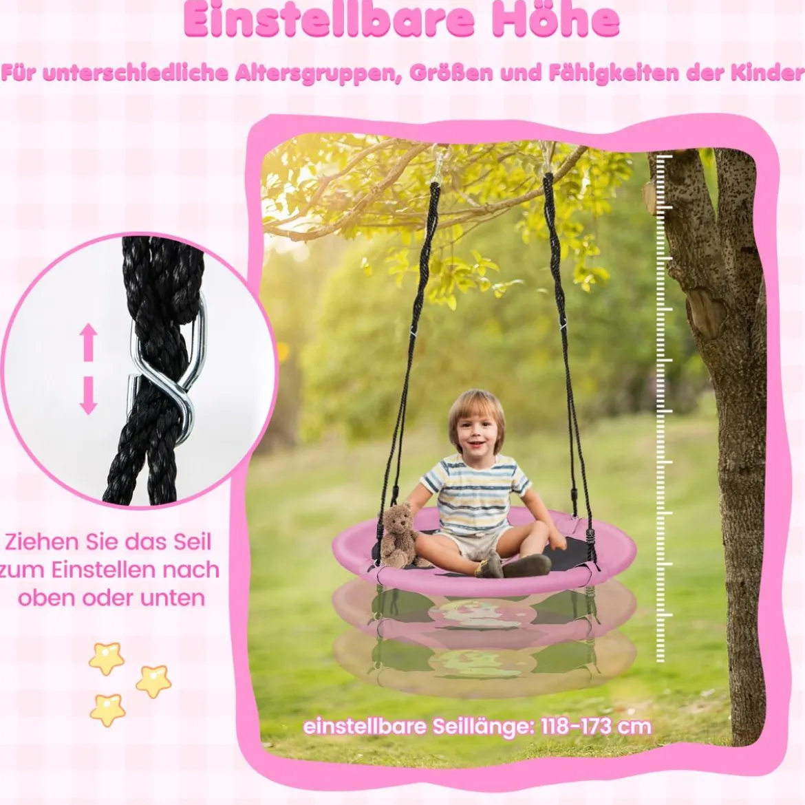 Ø 100 cm Nestschaukel mit Verstellbaren Seilen Hängeschaukel Kinderschaukel Rundschaukel Rosa