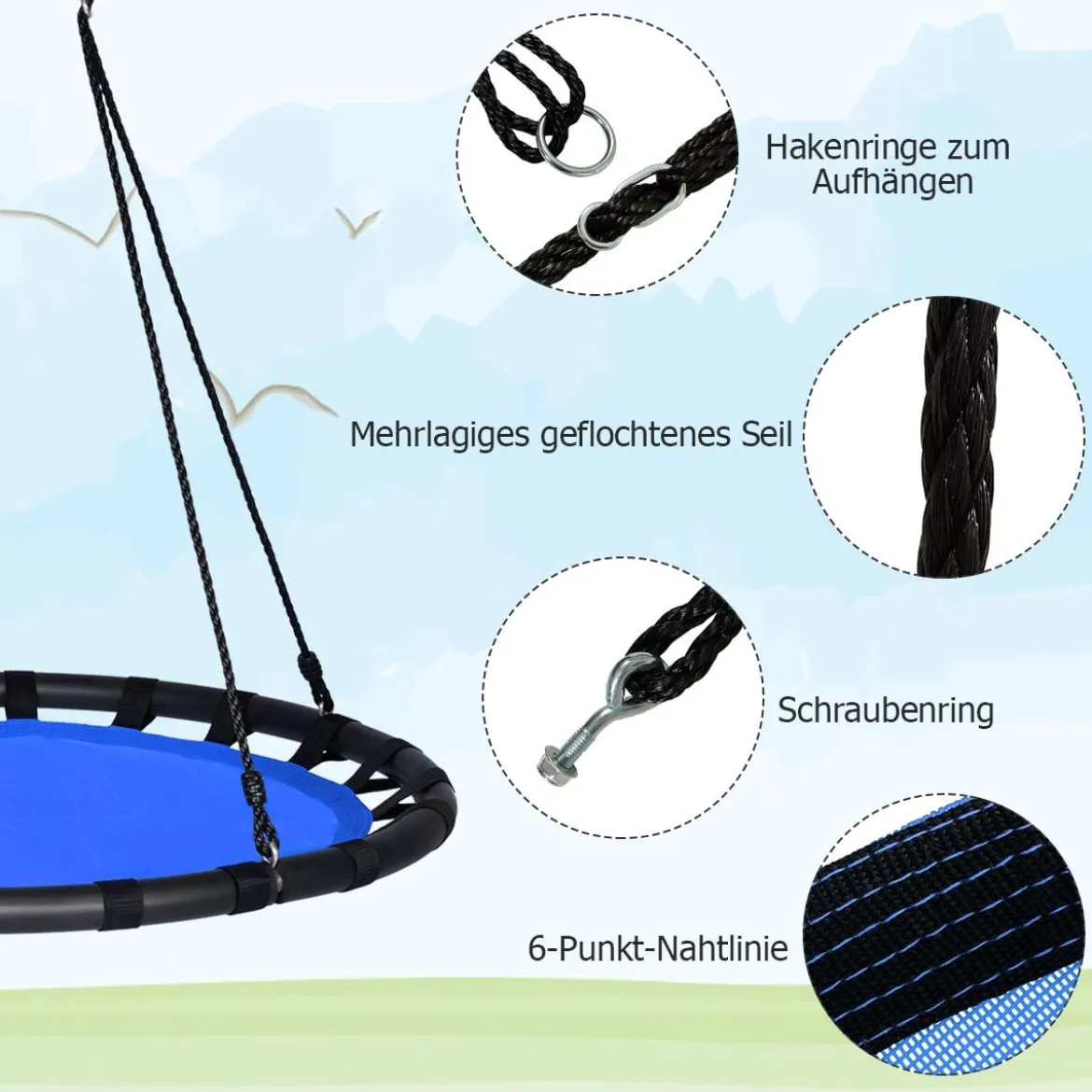 Ø100cm Nestschaukel Rundschaukel 100-160cm verstellbaren Seil Kinderschaukel 150kg Tragkraft Hängeschaukel blau