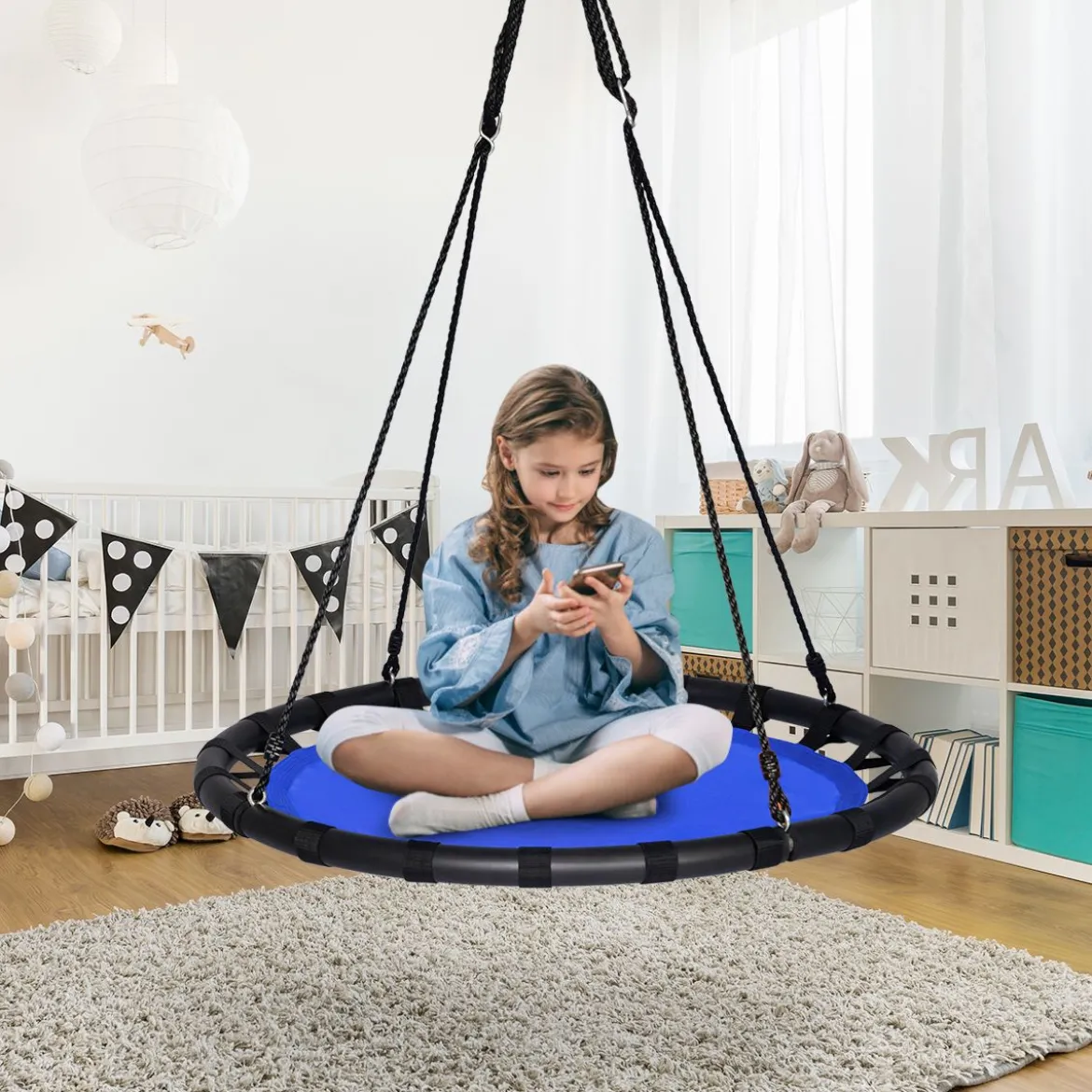 Ø100cm Nestschaukel Rundschaukel 100-160cm verstellbaren Seil Kinderschaukel 150kg Tragkraft Hängeschaukel blau