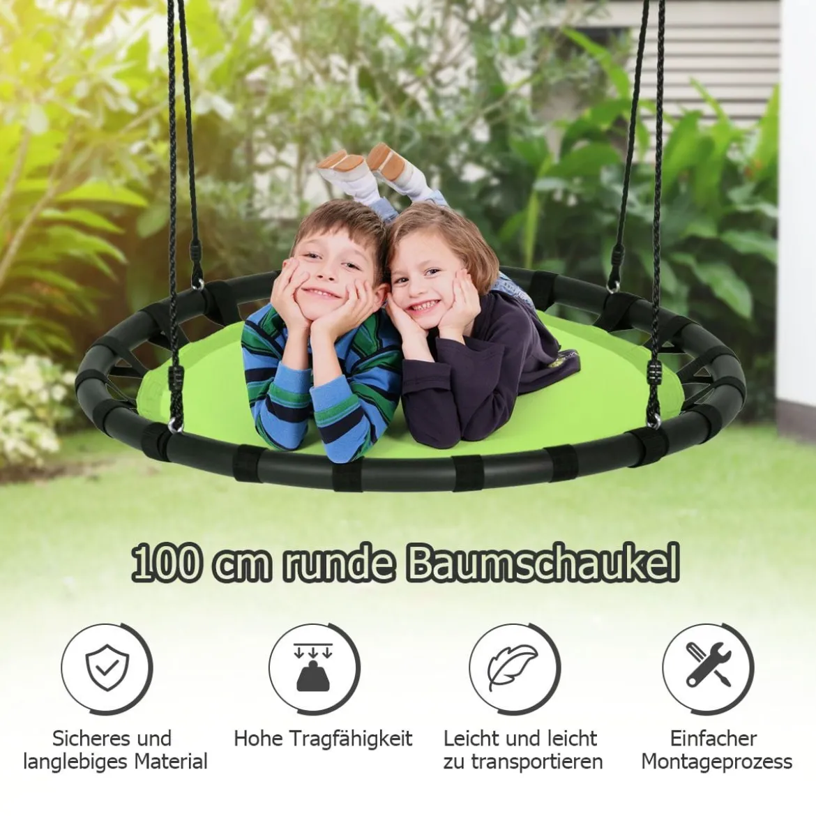 Ø100cm Nestschaukel Rundschaukel 100-160cm verstellbaren Seil Kinderschaukel 150kg Tragkraft Hängeschaukel grün