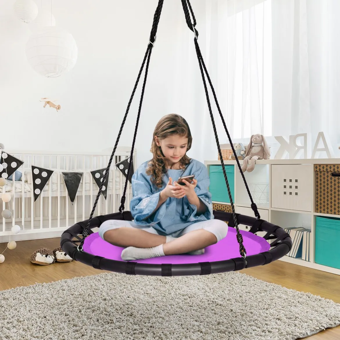 Ø100cm Nestschaukel Rundschaukel 100-160cm verstellbaren Seil Kinderschaukel 150kg Tragkraft Hängeschaukel lila