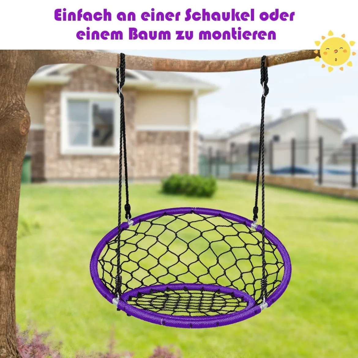 Ø89 cm Netz-Schaukel Baumschaukel-Set mit 100-160cm Seil verstellbar Lila